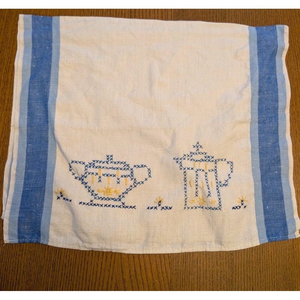 Vtg Cross Stitch Embroidered Tea Towel White Blue Linen Coffee Sugar